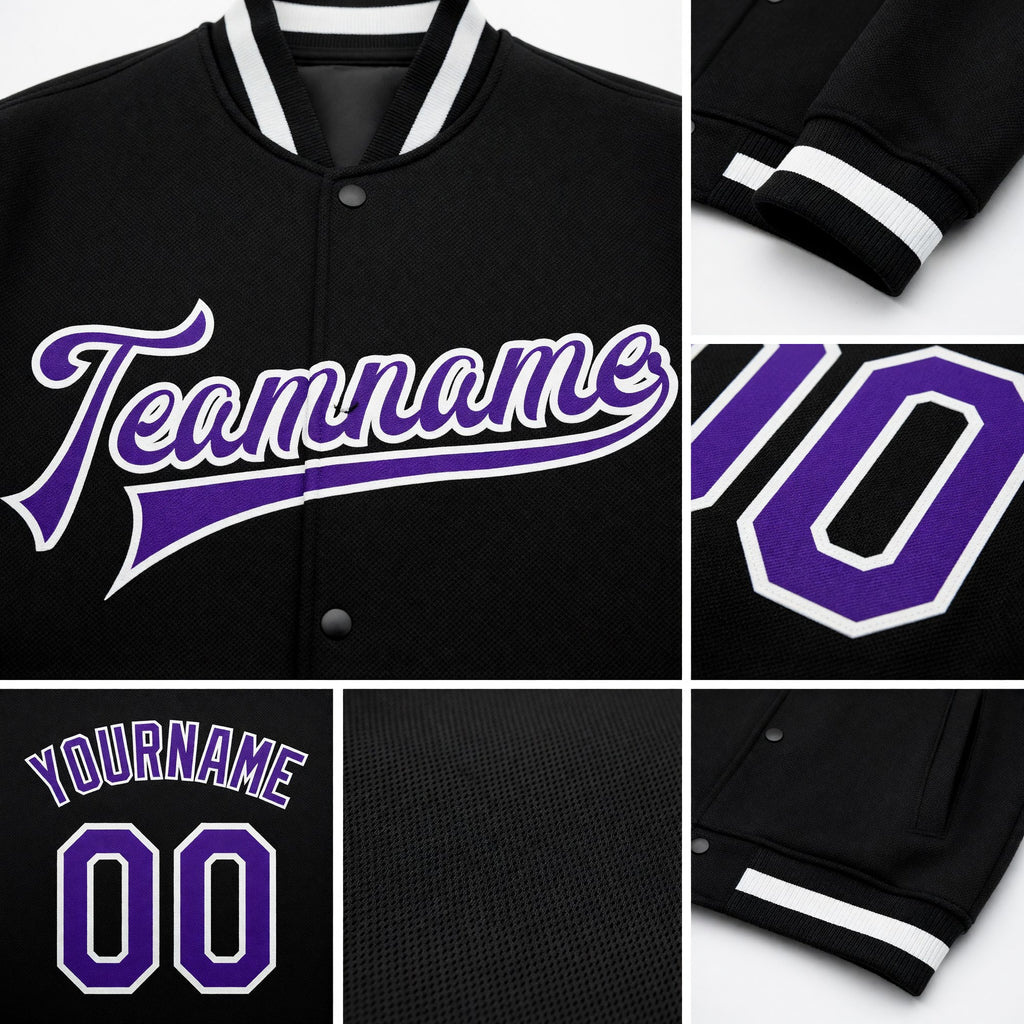 Custom Black Purple-White Bomber Full-Snap Varsity Letterman Jacket detail