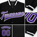 Custom Black Purple-White Bomber Full-Snap Varsity Letterman Jacket detail