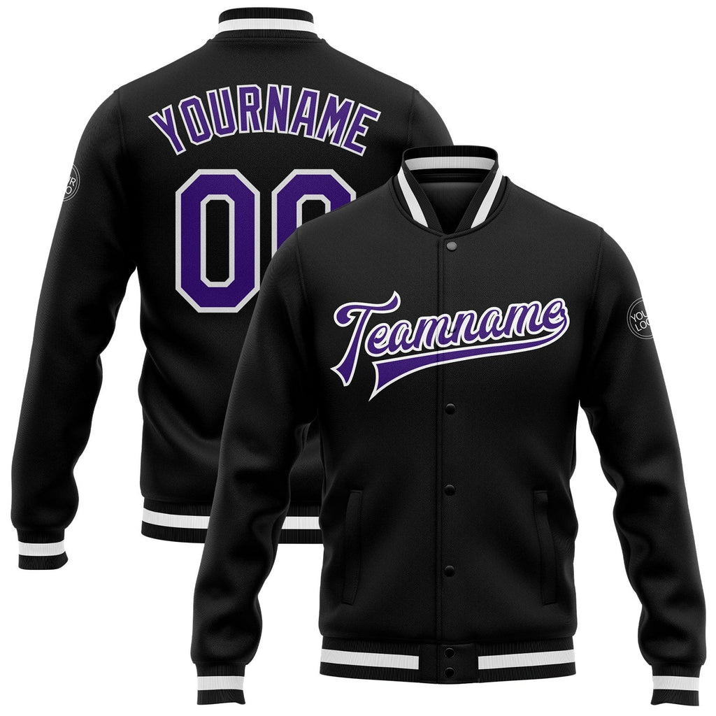 Custom Black Purple-White Bomber Full-Snap Varsity Letterman Jacket photo 1