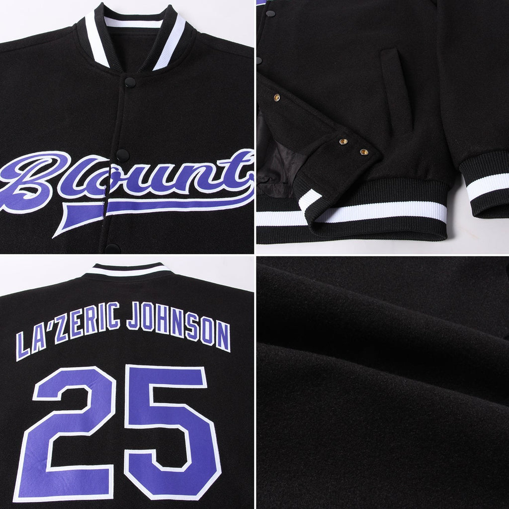 Custom Black Purple-White Bomber Full-Snap Varsity Letterman Jacket photo 4