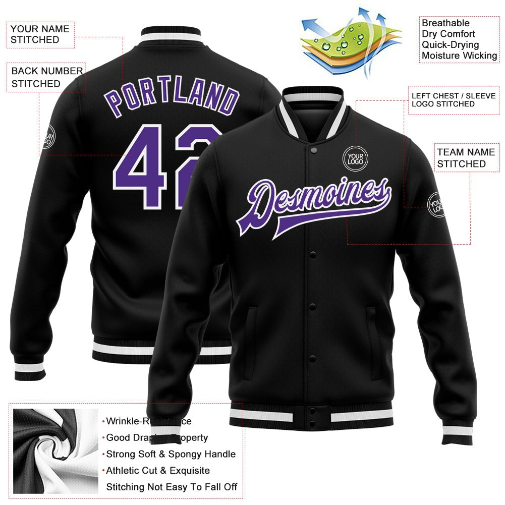 Custom Black Purple-White Bomber Full-Snap Varsity Letterman Jacket photo 5
