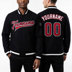 Custom Black Crimson-White Bomber Full-Snap Varsity Letterman Jacket worn front and back