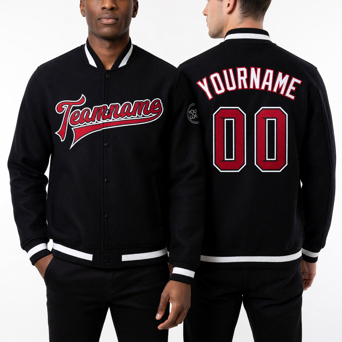 Custom Black Crimson-White Bomber Full-Snap Varsity Letterman Jacket worn front and back