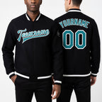 Custom Black Aqua-White Bomber Full-Snap Varsity Letterman Jacket worn front and back