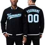 Custom Black White-Panther Blue Bomber Full-Snap Varsity Letterman Jacket worn front and back