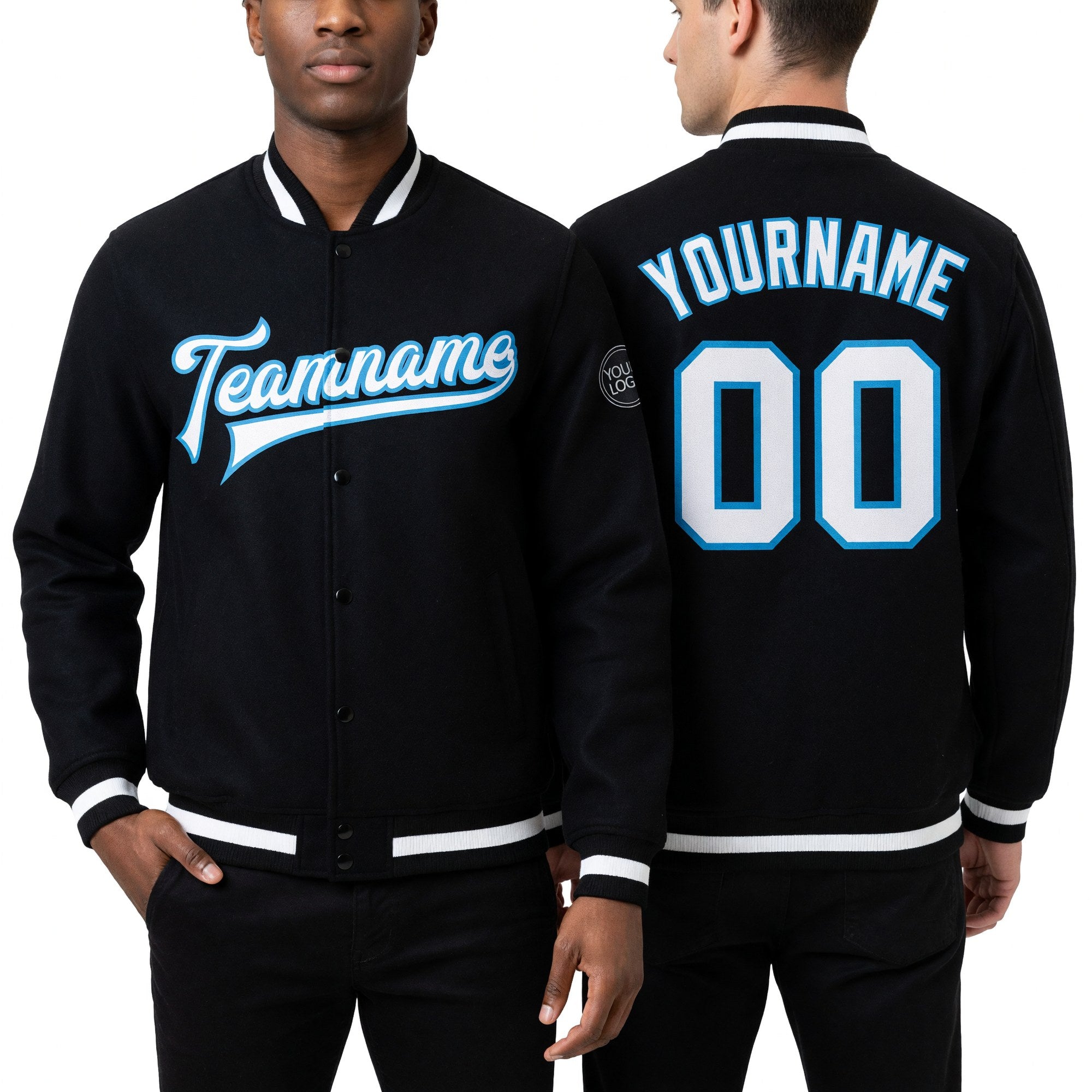 Custom Black White-Panther Blue Bomber Full-Snap Varsity Letterman Jacket worn front and back