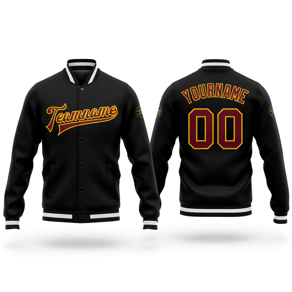 Custom Black Burgundy-Gold Bomber Full-Snap Varsity Letterman Jacket