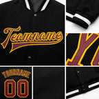Custom Black Burgundy-Gold Bomber Full-Snap Varsity Letterman Jacket detail