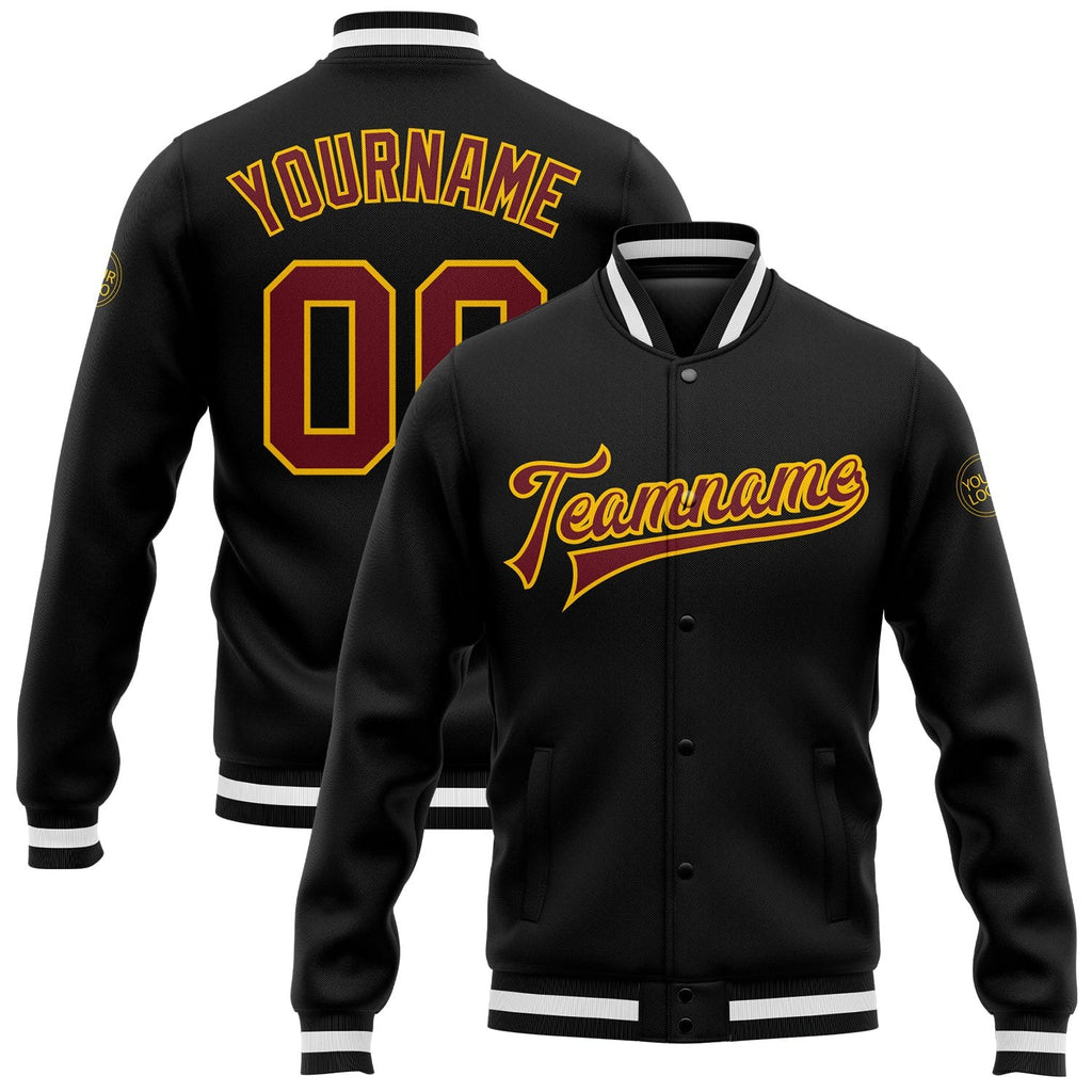 Custom Black Burgundy-Gold Bomber Full-Snap Varsity Letterman Jacket photo 1