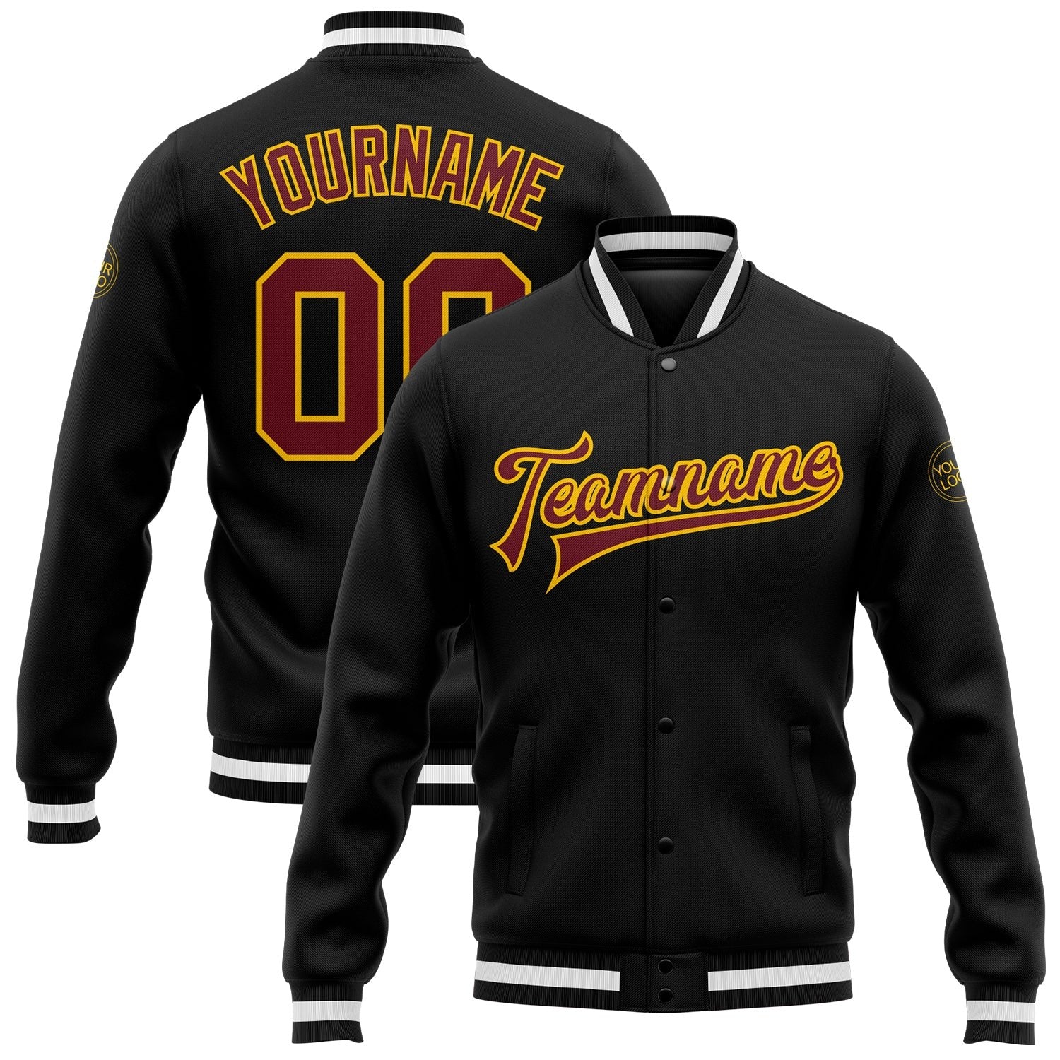 Custom Black Burgundy-Gold Bomber Full-Snap Varsity Letterman Jacket photo 1