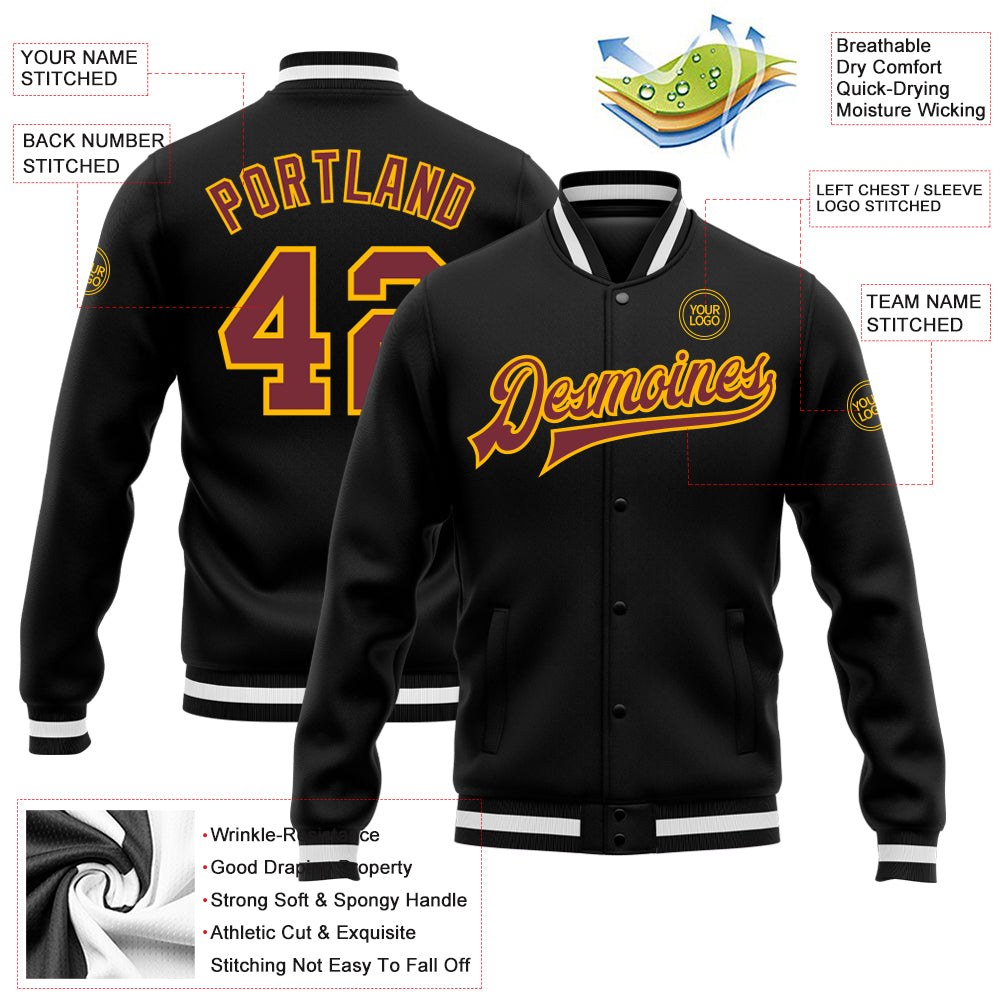 Custom Black Burgundy-Gold Bomber Full-Snap Varsity Letterman Jacket photo 5