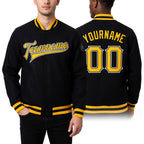 Custom Black Gold-White Bomber Full-Snap Varsity Letterman Jacket worn front and back