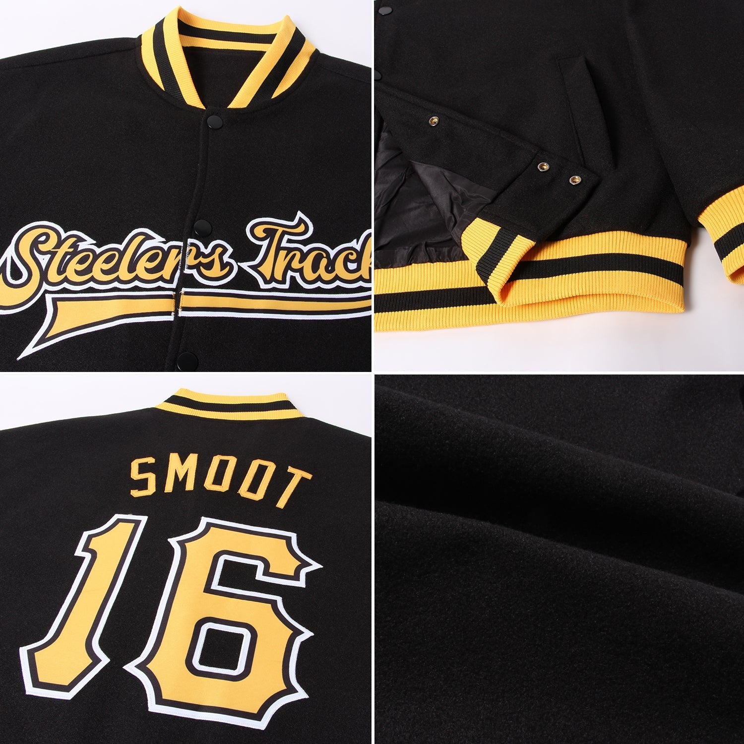 Custom Black Gold-White Bomber Full-Snap Varsity Letterman Jacket photo 4