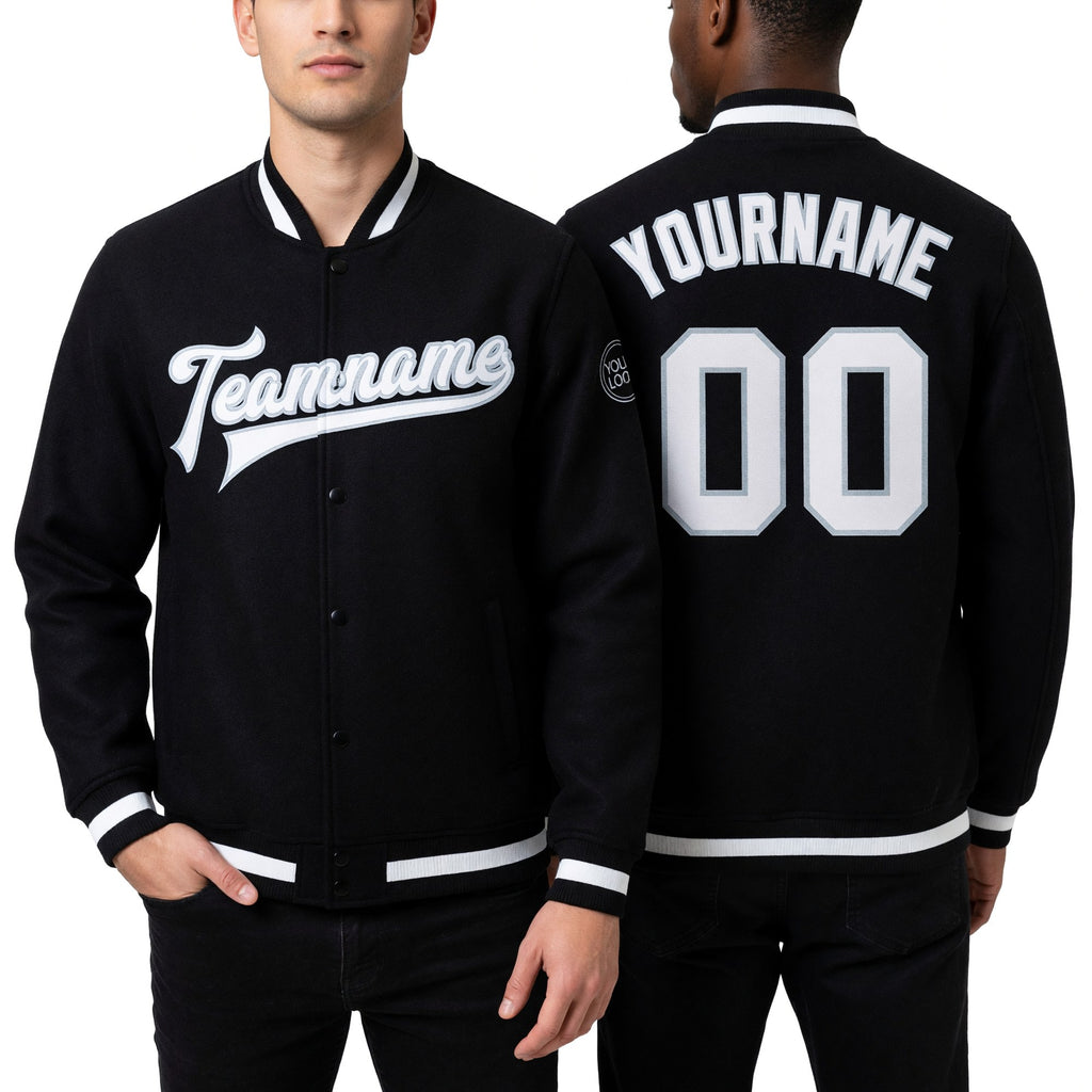 Custom Black White-Silver Bomber Full-Snap Varsity Letterman Jacket worn front and back