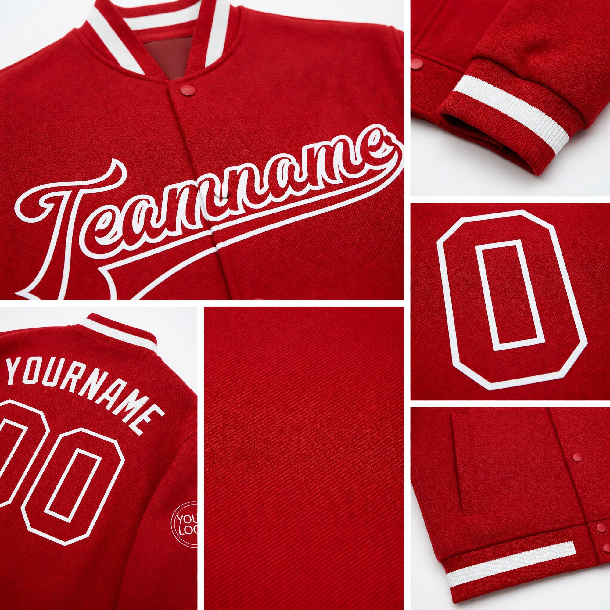 Custom Red Red-White Bomber Full-Snap Varsity Letterman Jacket detail