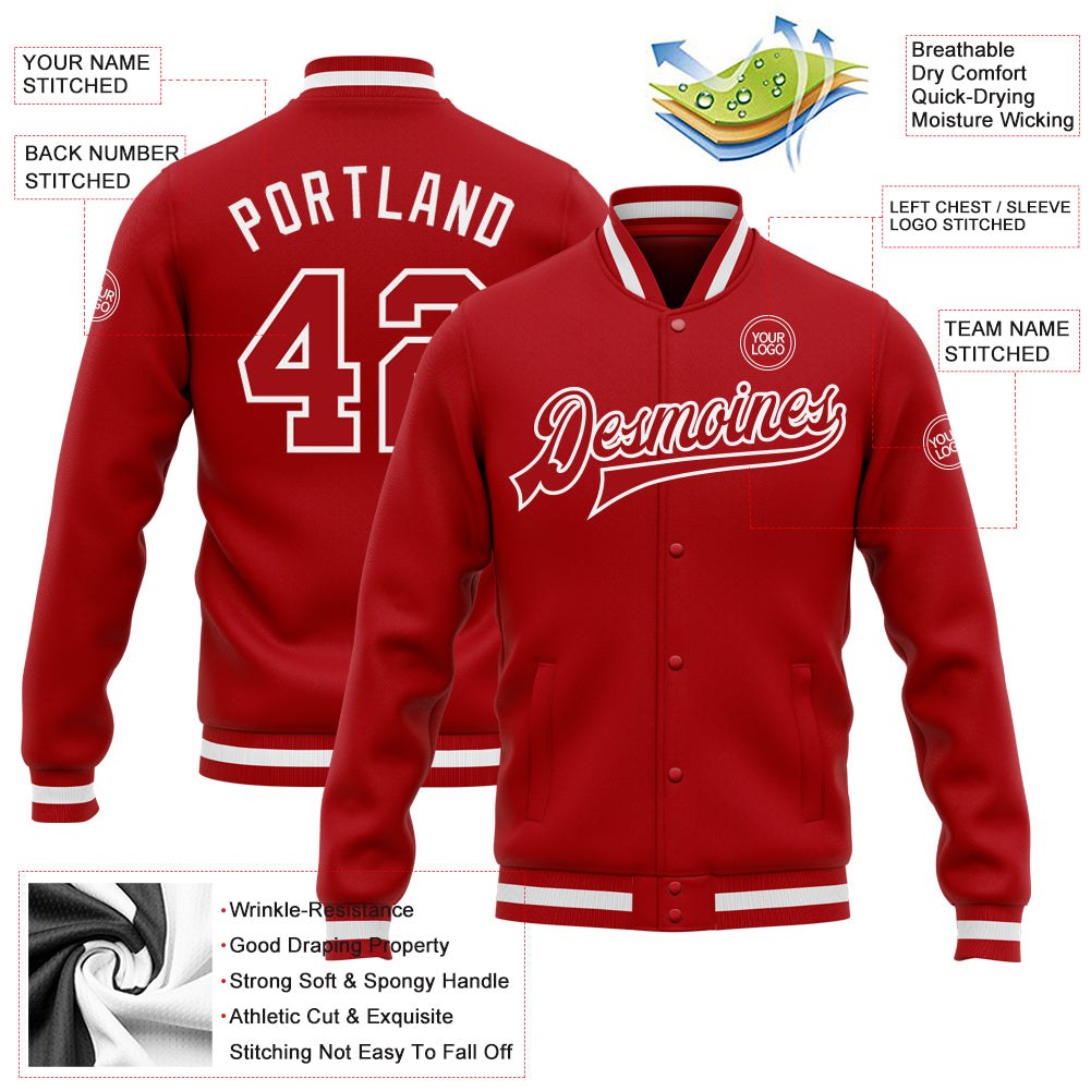 Custom Red Red-White Bomber Full-Snap Varsity Letterman Jacket photo 5