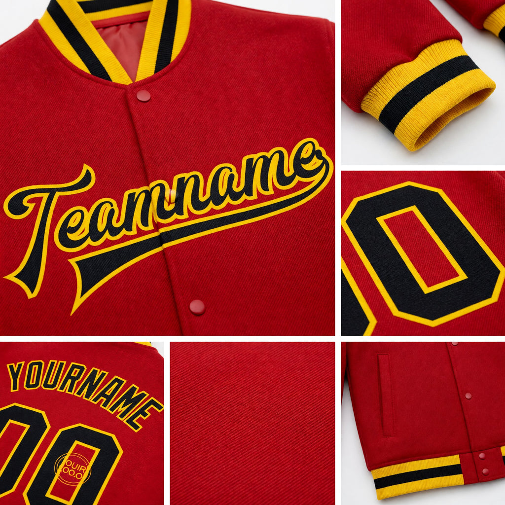 Custom Red Black-Gold Bomber Full-Snap Varsity Letterman Jacket detail