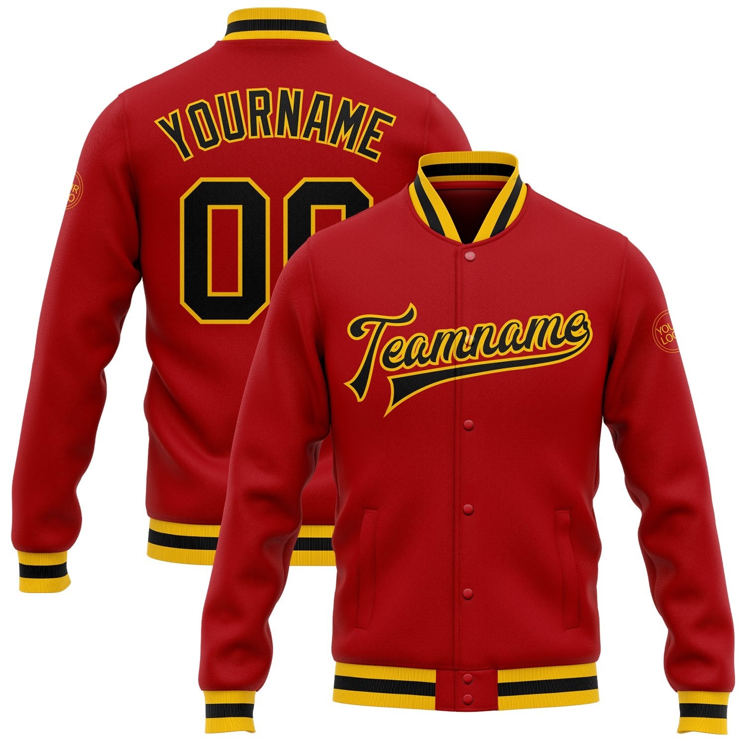 Custom Red Black-Gold Bomber Full-Snap Varsity Letterman Jacket photo 1