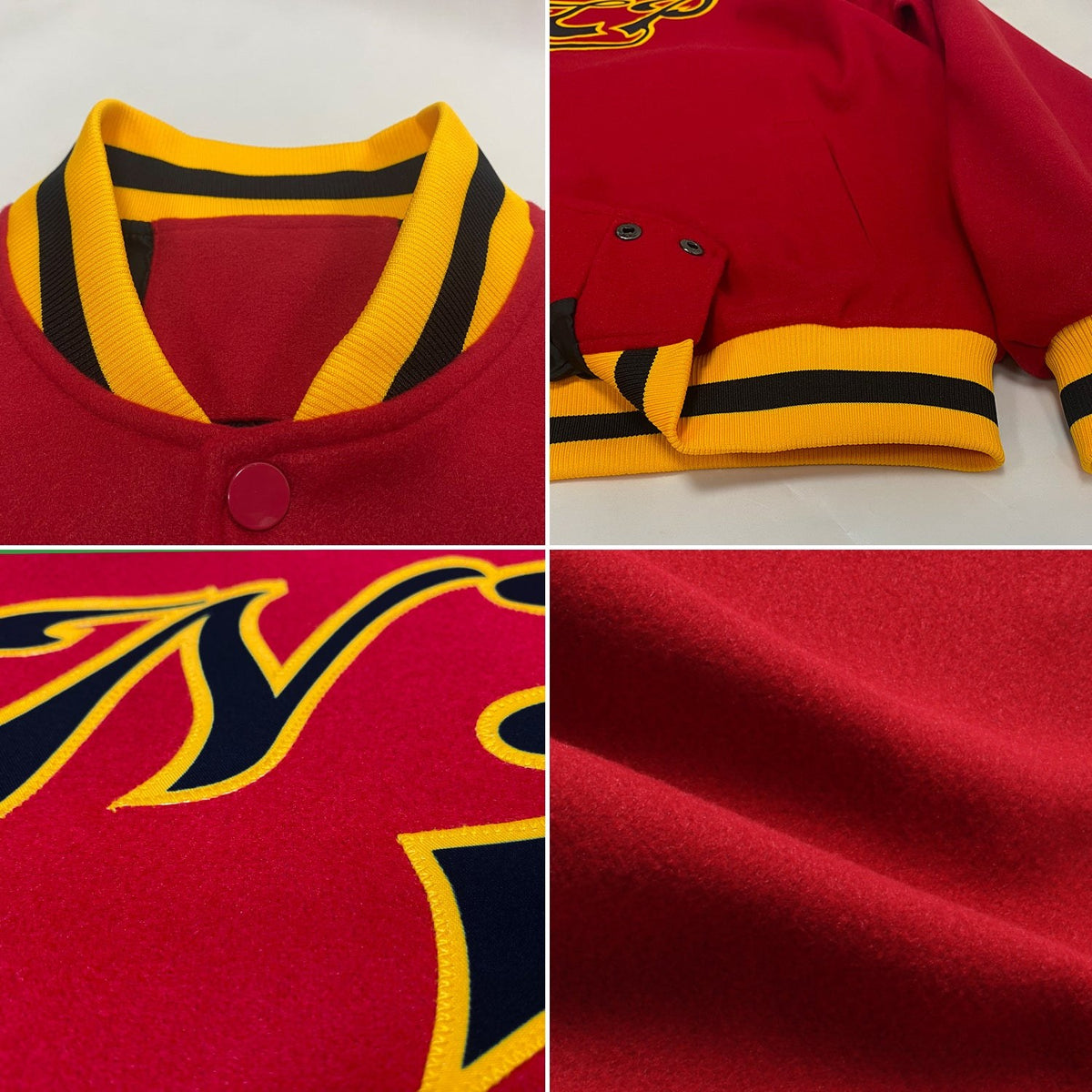 Custom Red Black-Gold Bomber Full-Snap Varsity Letterman Jacket photo 4
