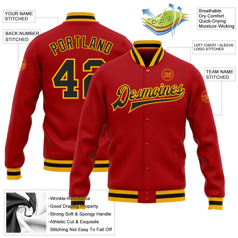Custom Red Black-Gold Bomber Full-Snap Varsity Letterman Jacket photo 5