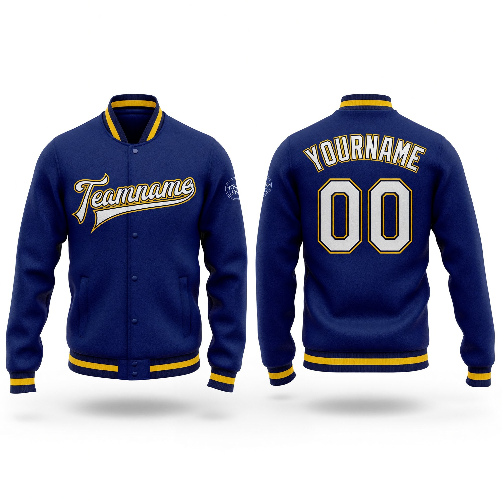 Custom Royal White Navy-Gold Bomber Full-Snap Varsity Letterman Jacket