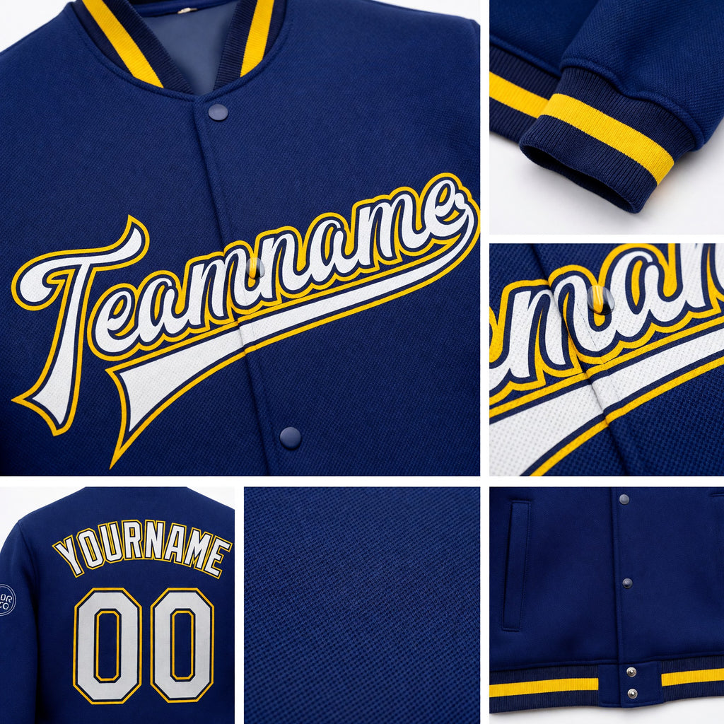 Custom Royal White Navy-Gold Bomber Full-Snap Varsity Letterman Jacket detail