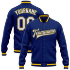 Custom Royal White Navy-Gold Bomber Full-Snap Varsity Letterman Jacket photo 1