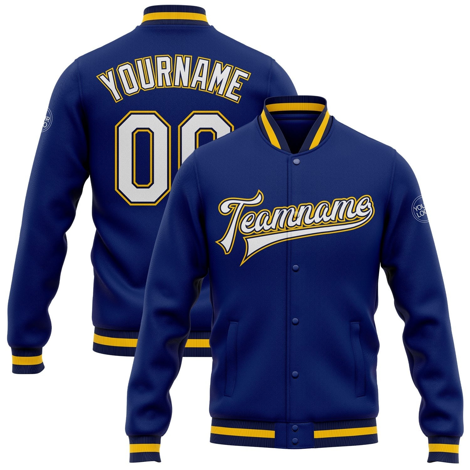 Custom Royal White Navy-Gold Bomber Full-Snap Varsity Letterman Jacket photo 1