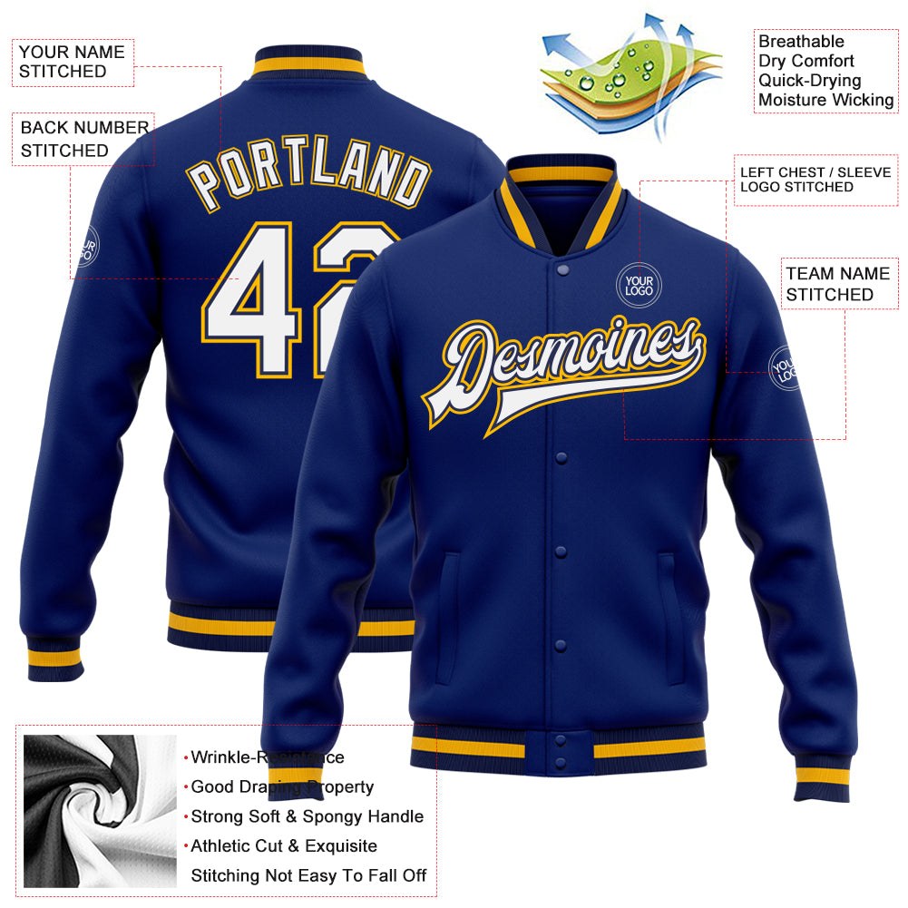 Custom Royal White Navy-Gold Bomber Full-Snap Varsity Letterman Jacket photo 5