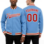 Custom Light Blue Red-Cream Bomber Full-Snap Varsity Letterman Jacket worn front and back