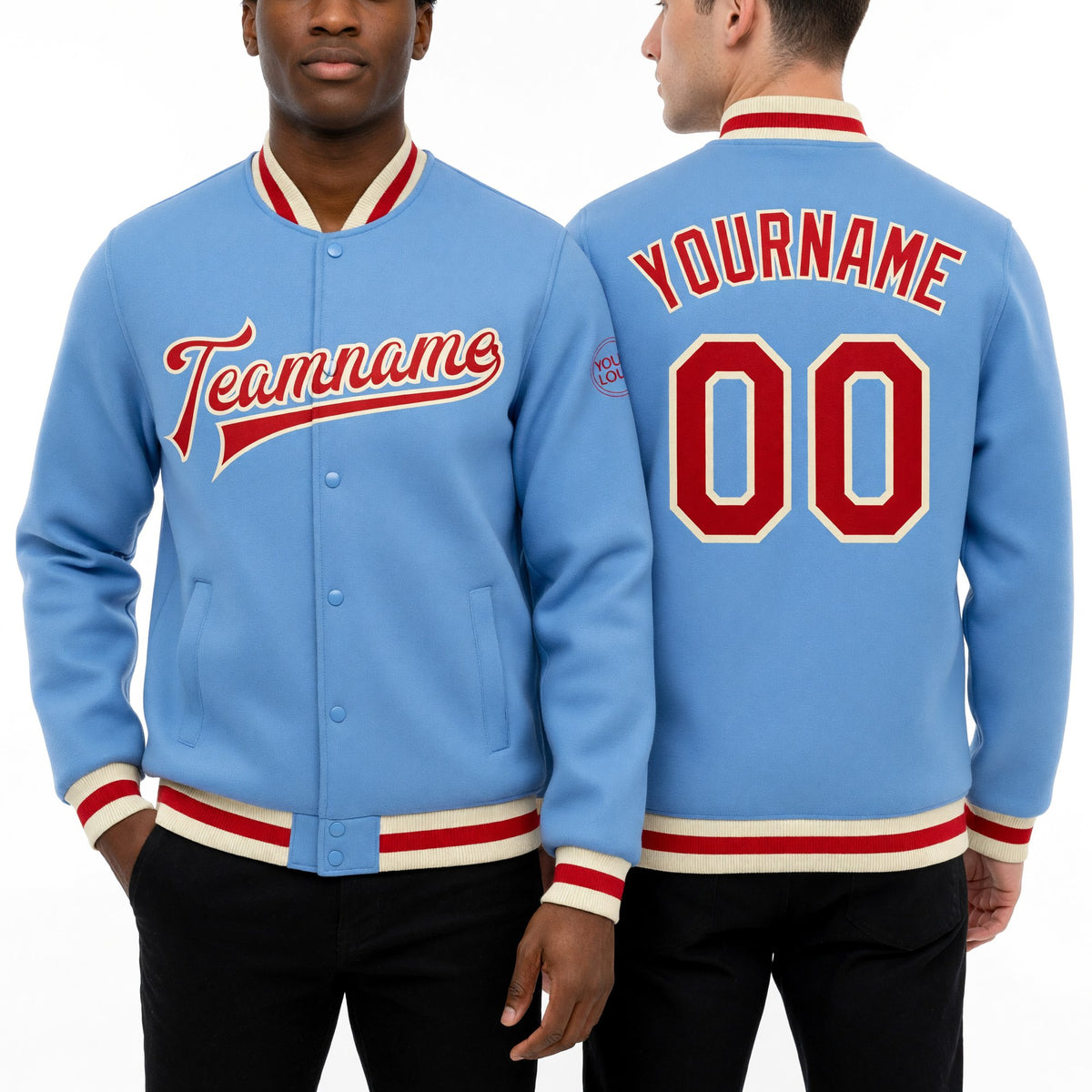 Custom Light Blue Red-Cream Bomber Full-Snap Varsity Letterman Jacket worn front and back