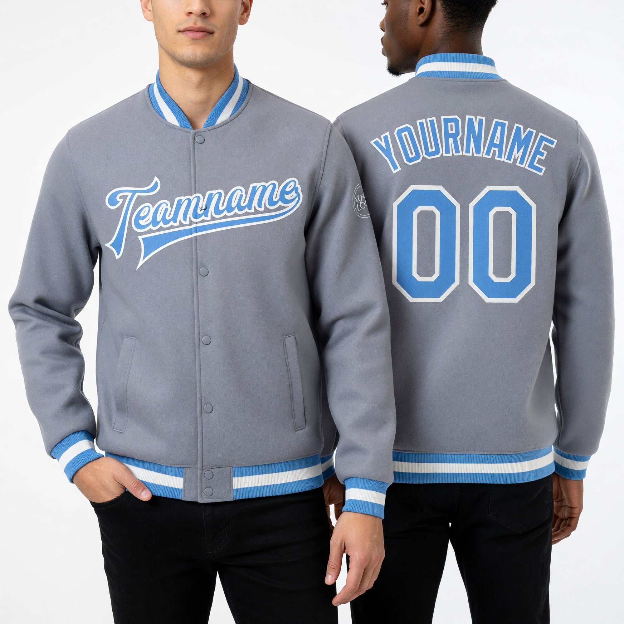 Custom Gray Light Blue-White Bomber Full-Snap Varsity Letterman Jacket worn front and back
