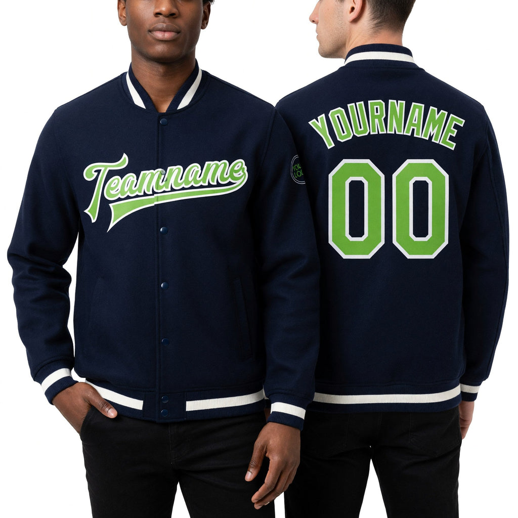 Custom Navy Neon Green-White Bomber Full-Snap Varsity Letterman Jacket worn front and back