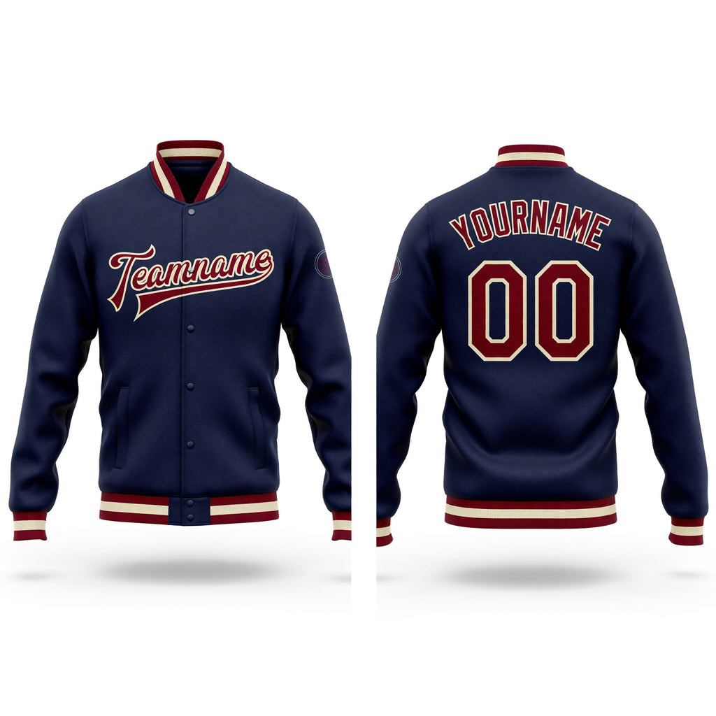 Custom Navy Maroon-Cream Bomber Full-Snap Varsity Letterman Jacket