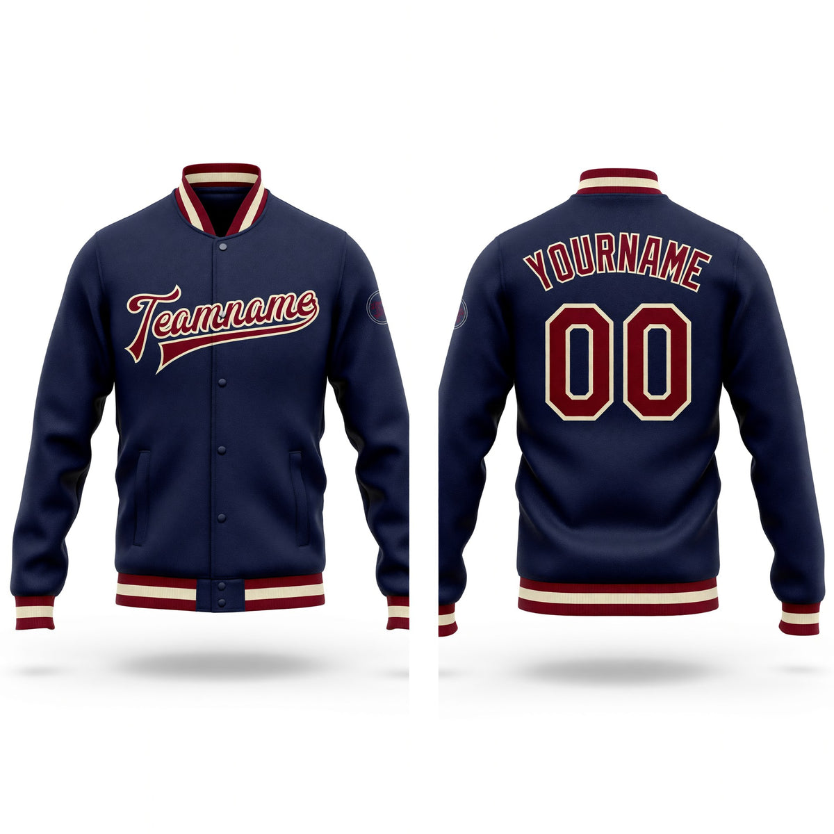 Custom Navy Maroon-Cream Bomber Full-Snap Varsity Letterman Jacket