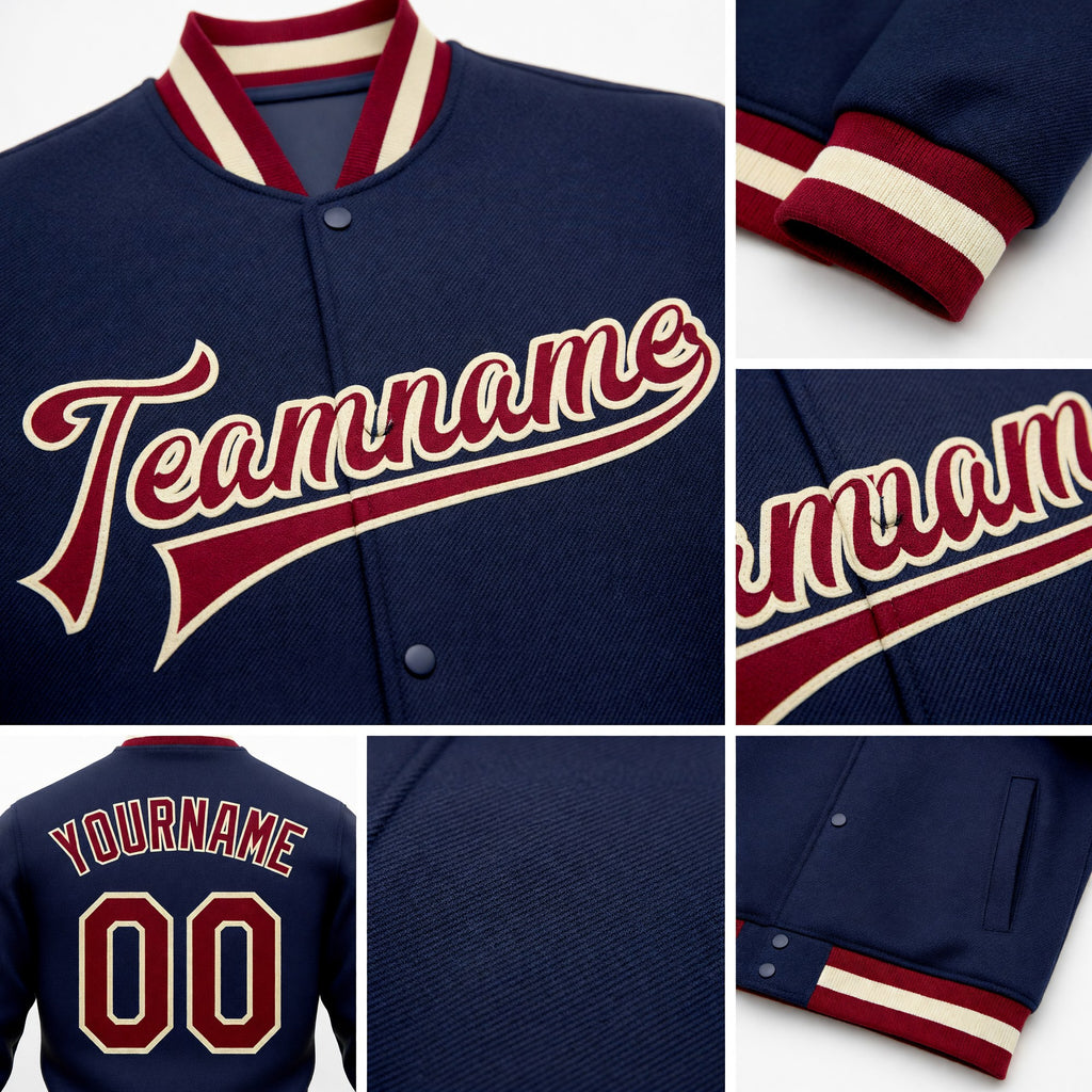 Custom Navy Maroon-Cream Bomber Full-Snap Varsity Letterman Jacket detail