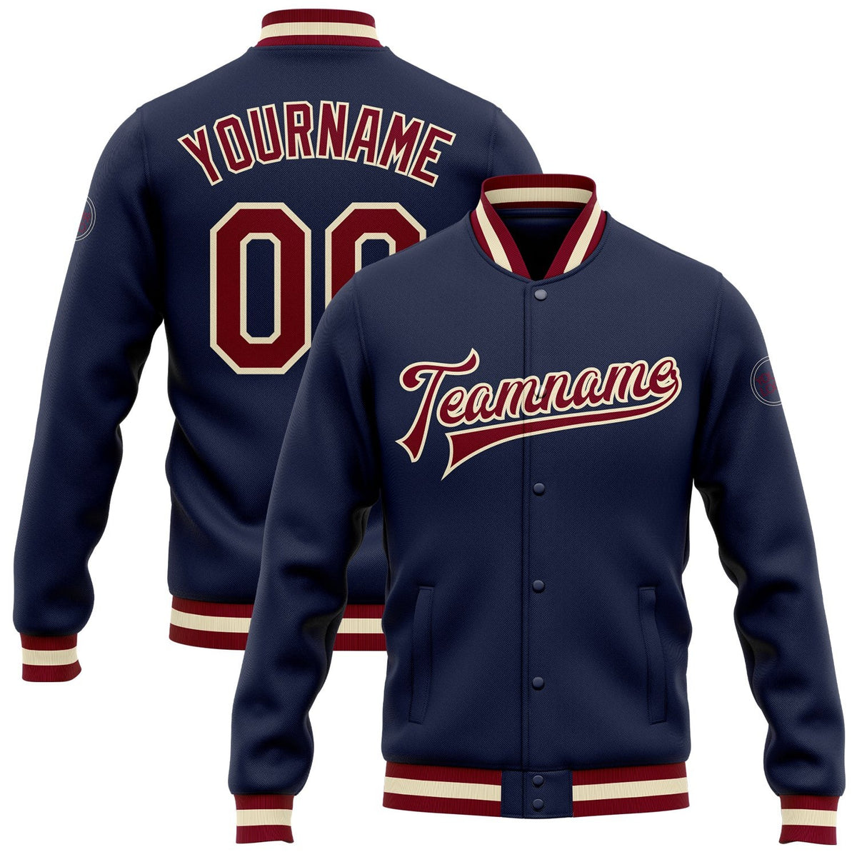 Custom Navy Maroon-Cream Bomber Full-Snap Varsity Letterman Jacket photo 1