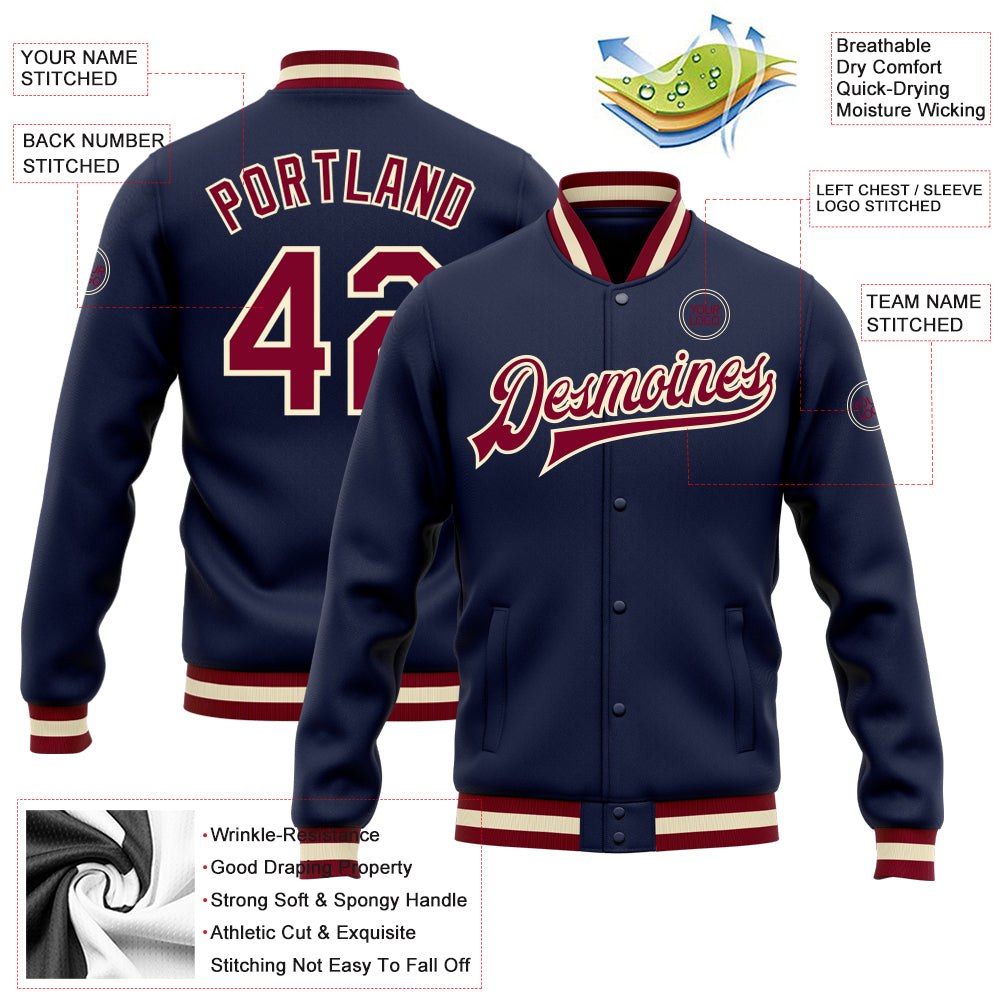 Custom Navy Maroon-Cream Bomber Full-Snap Varsity Letterman Jacket photo 5