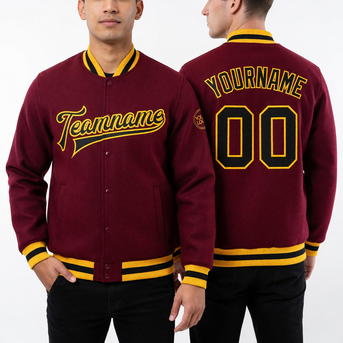 Custom Crimson Black-Gold Bomber Full-Snap Varsity Letterman Jacket worn front and back
