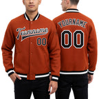 Custom Texas Orange Black-White Bomber Full-Snap Varsity Letterman Jacket worn front and back