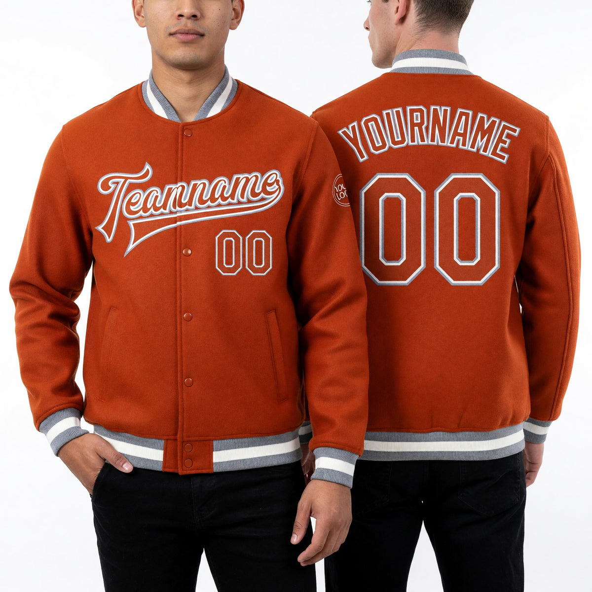 Custom Texas Orange Texas Orange Gray-White Bomber Full-Snap Varsity Letterman Jacket worn front and back