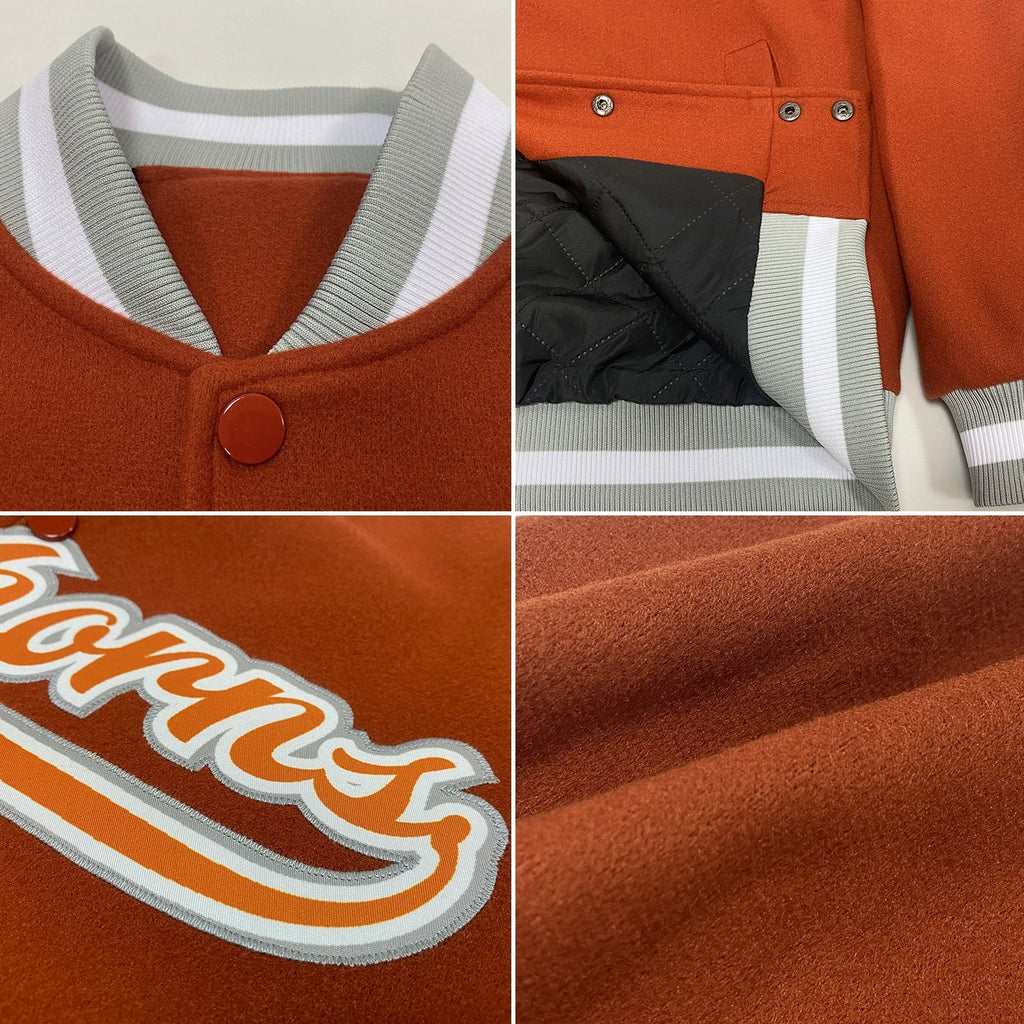 Custom Texas Orange Texas Orange Gray-White Bomber Full-Snap Varsity Letterman Jacket photo 4