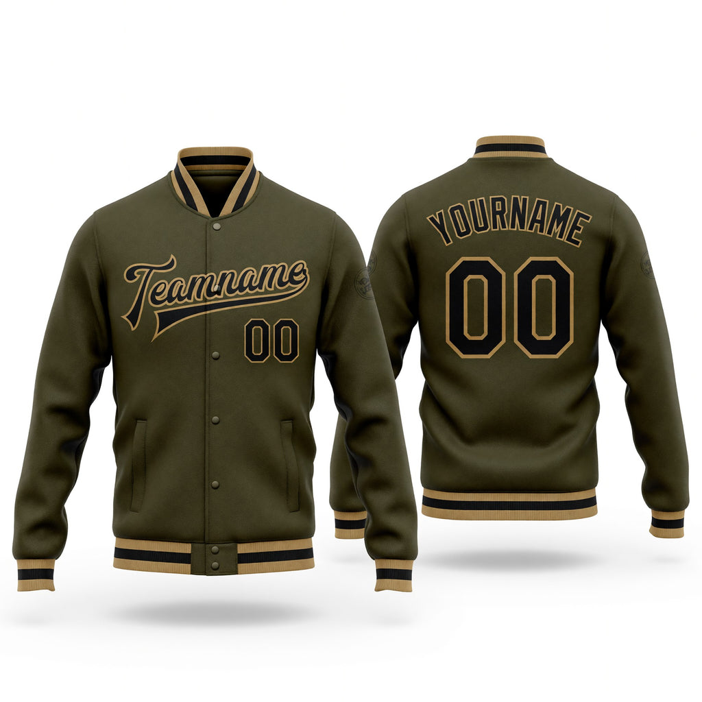 Custom Olive Black-Old Gold Bomber Full-Snap Varsity Letterman Salute To Service Jacket