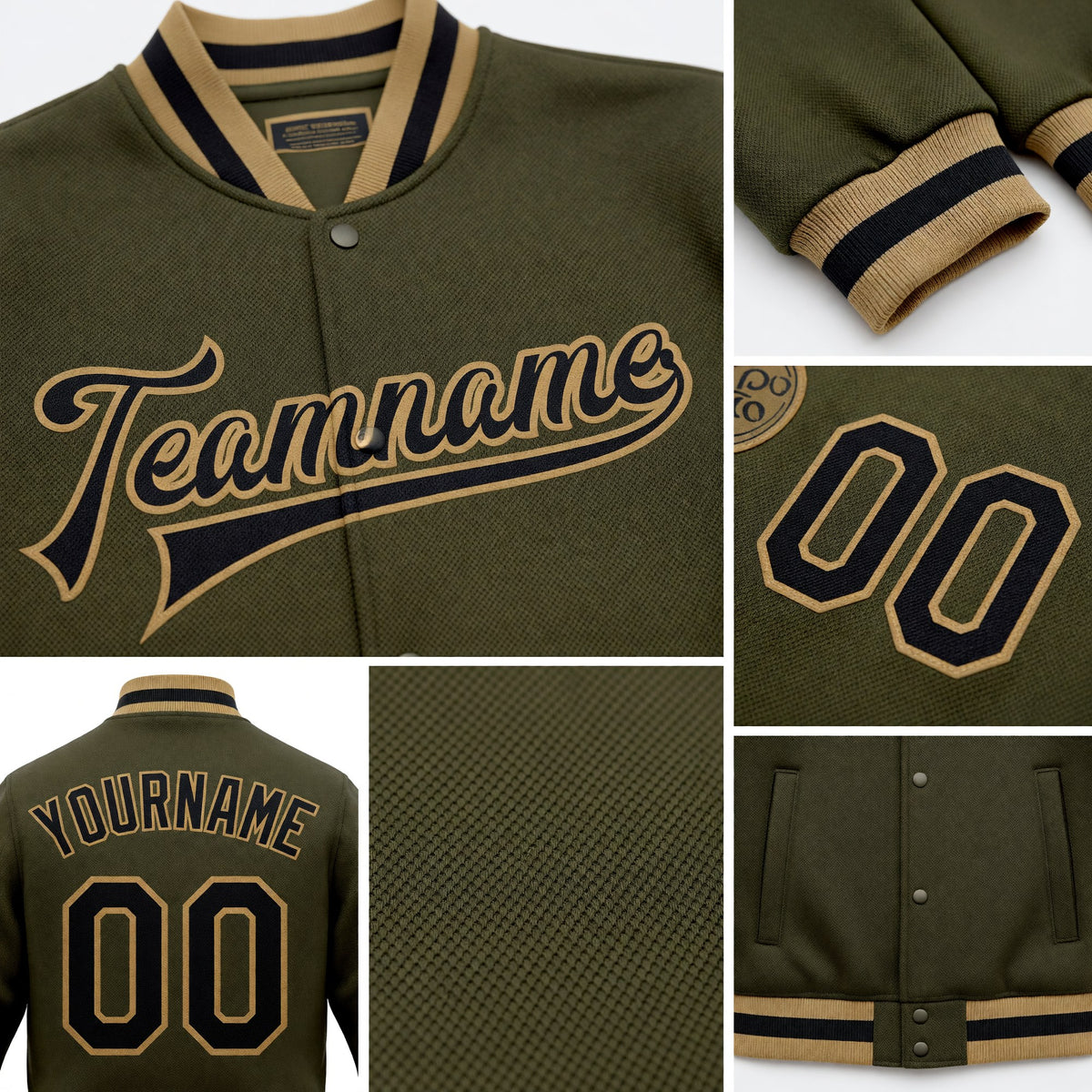 Custom Olive Black-Old Gold Bomber Full-Snap Varsity Letterman Salute To Service Jacket detail
