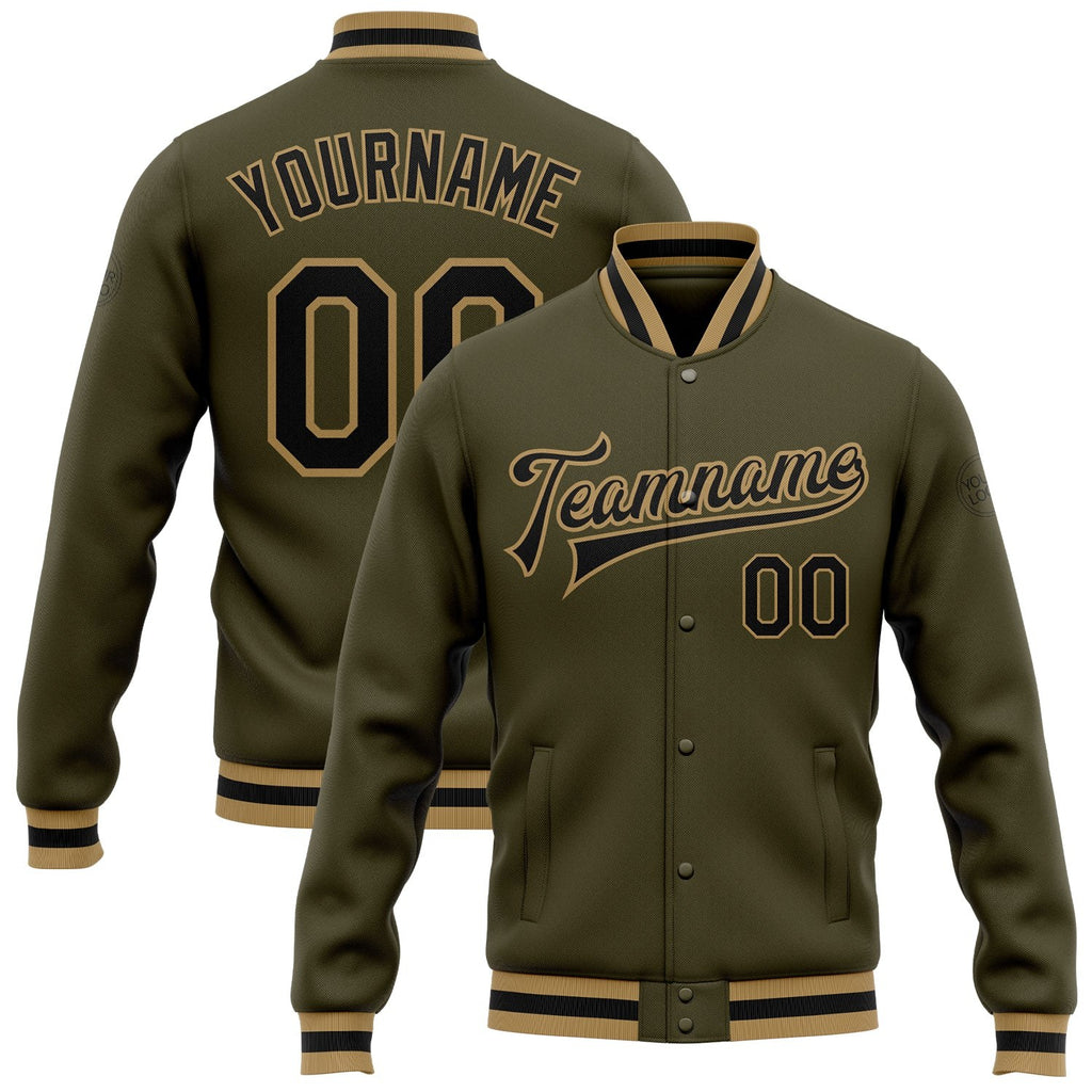 Custom Olive Black-Old Gold Bomber Full-Snap Varsity Letterman Salute To Service Jacket photo 1