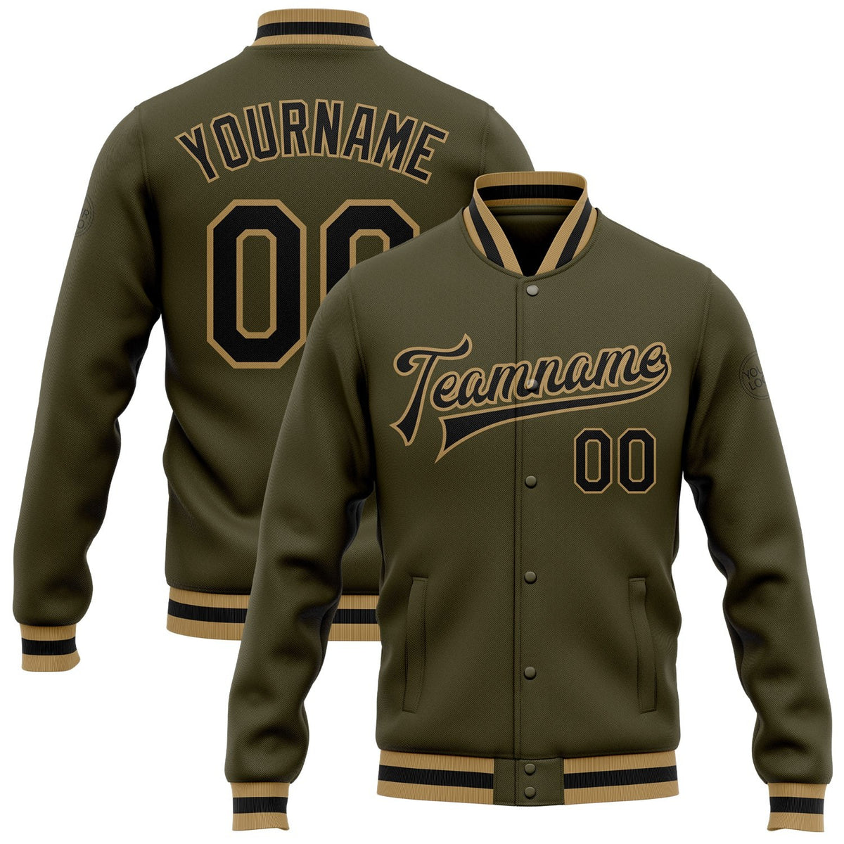 Custom Olive Black-Old Gold Bomber Full-Snap Varsity Letterman Salute To Service Jacket photo 1