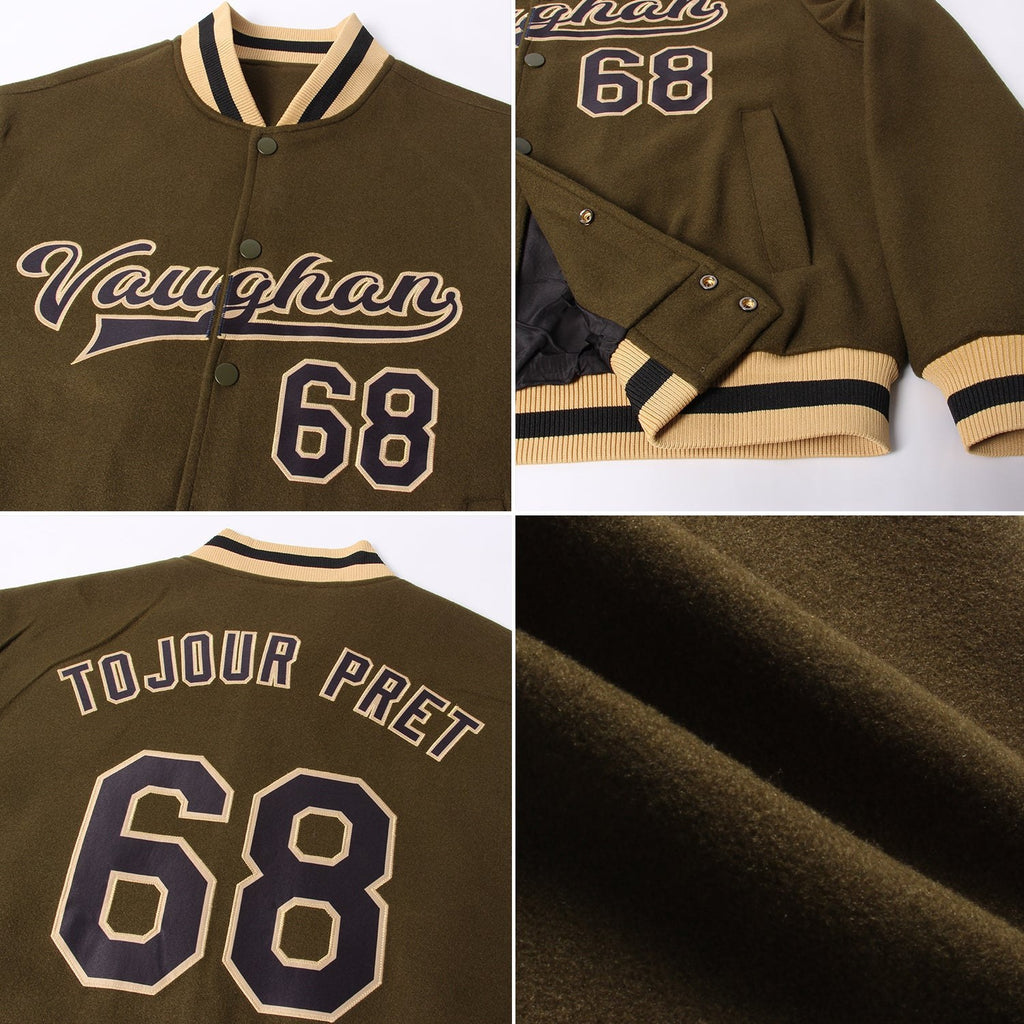 Custom Olive Black-Old Gold Bomber Full-Snap Varsity Letterman Salute To Service Jacket photo 4