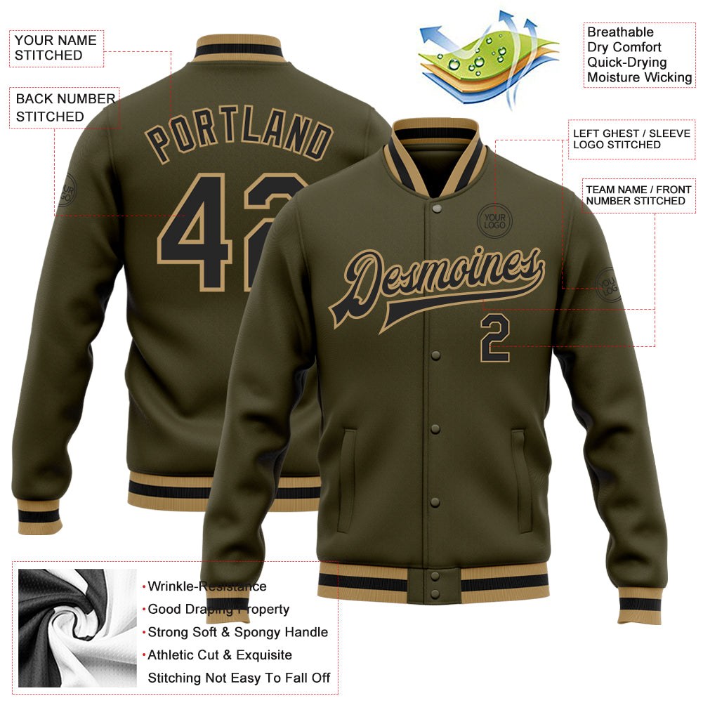 Custom Olive Black-Old Gold Bomber Full-Snap Varsity Letterman Salute To Service Jacket photo 5