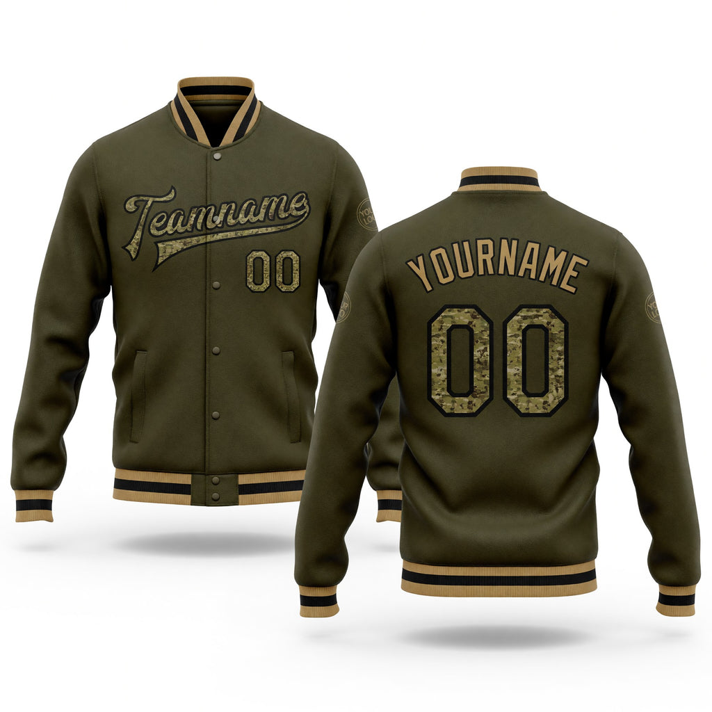 Custom Olive Camo Black-Old Gold Bomber Full-Snap Varsity Letterman Salute To Service Jacket