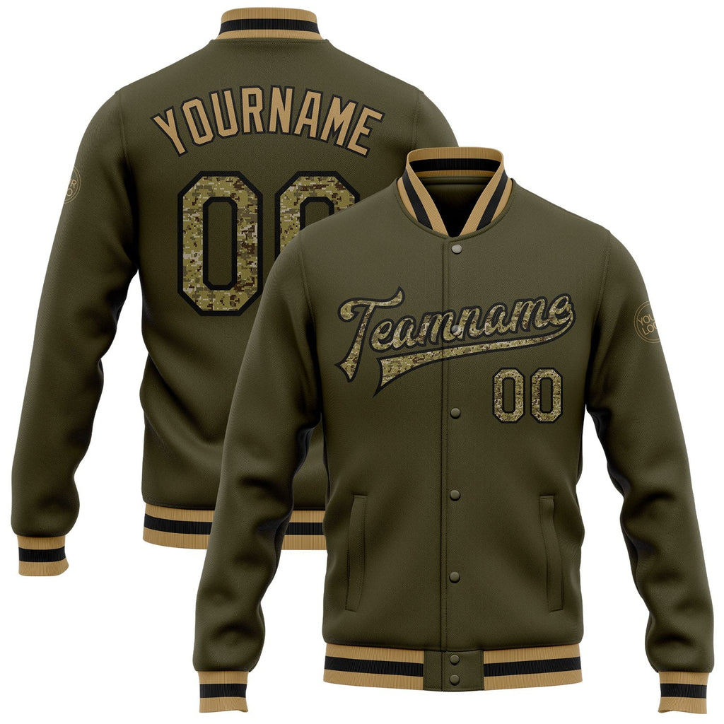 Custom Olive Camo Black-Old Gold Bomber Full-Snap Varsity Letterman Salute To Service Jacket photo 1